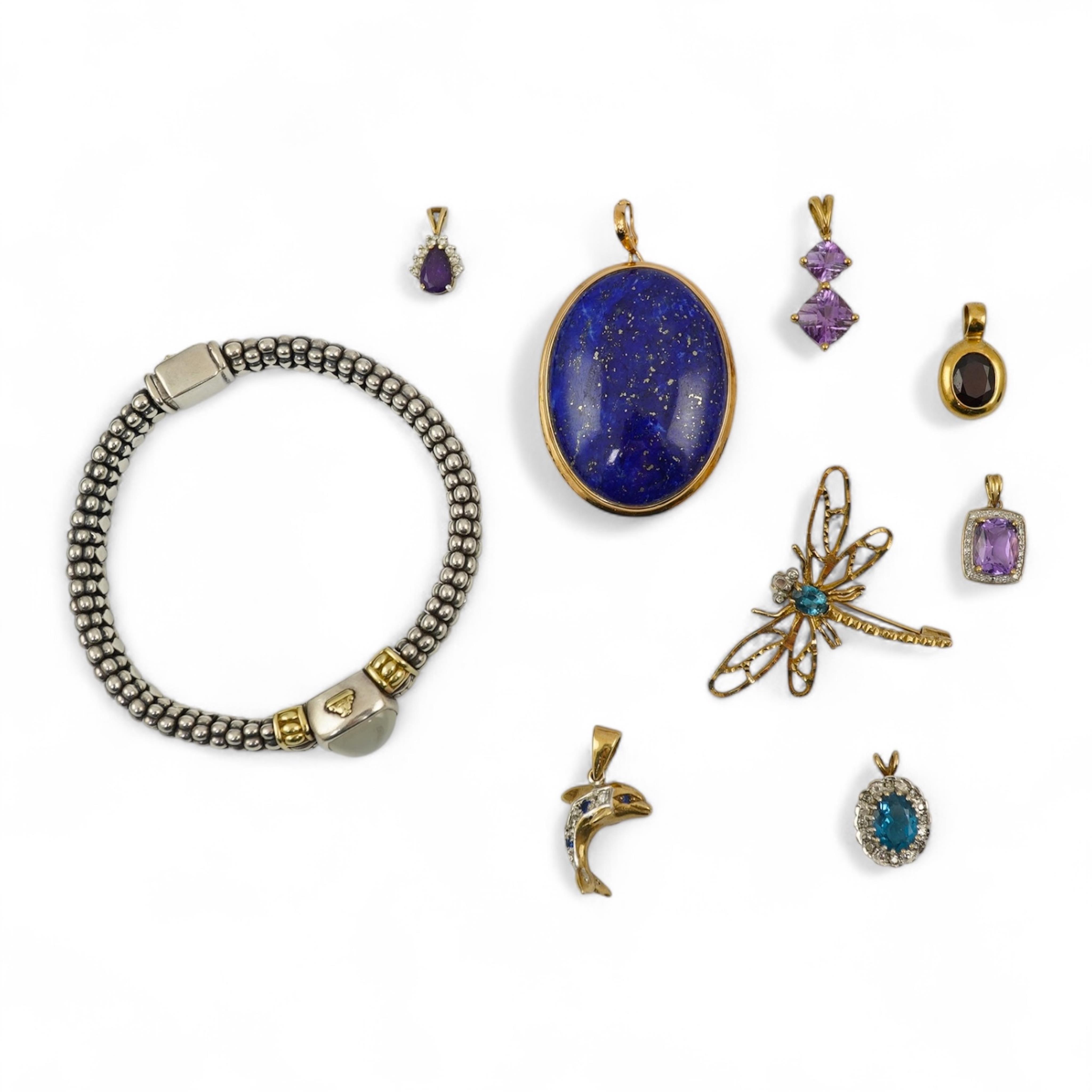 Five assorted modern 375 yellow metal and gem set pendants, a yellow metal and lapis lazuli set pendant (stamped 585?) 40mm, together with a yellow metal dragonfly brooch, a similar small pendant and a white metal bracel